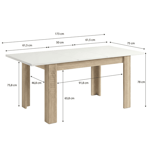 Mesa de comedor extensible Danna Roble Canadian - Blanco Artik (Blanco Mate) 123 x 78 x 75 cm
