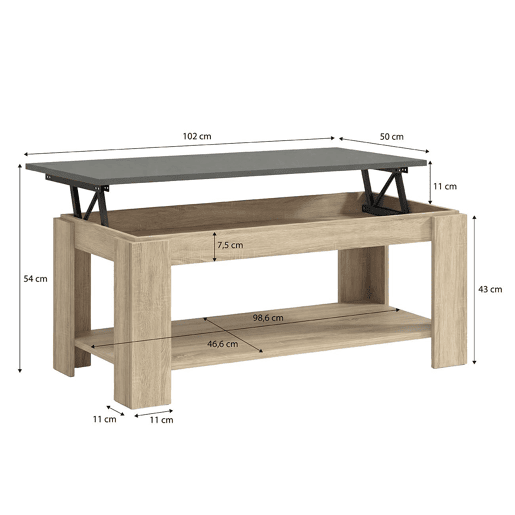 Mesa de centro com arrumação 102x43-54 cm Lya Roble Canadian - Grafito 50 x 54 x 50 cm