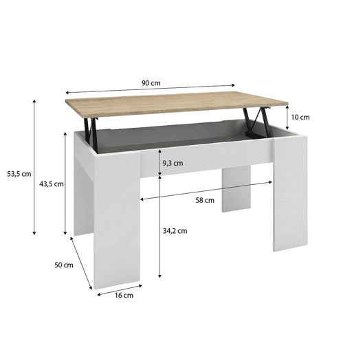 Mesa de centro elevável Norak Artik White (Branco mate) - Carvalho canadiano 90 x 43,5 x 50 cm
