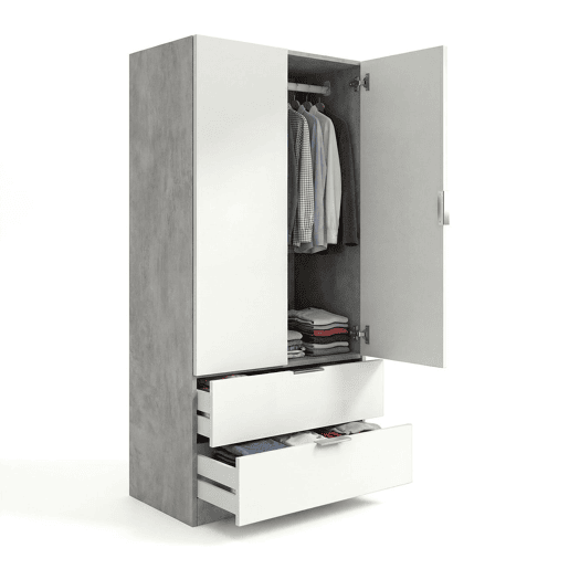 Armário com 2 portas e 2 gavetas, 81,5 x 180 cm, Lark Cinzento cimento - Branco mate 81,5 x 180 x 52 cm Armário com 2 portas e 2 gavetas, 81,5 x 180 cm, Lark Cinzento cimento - Branco mate 81,5 x 180 x 52 cm