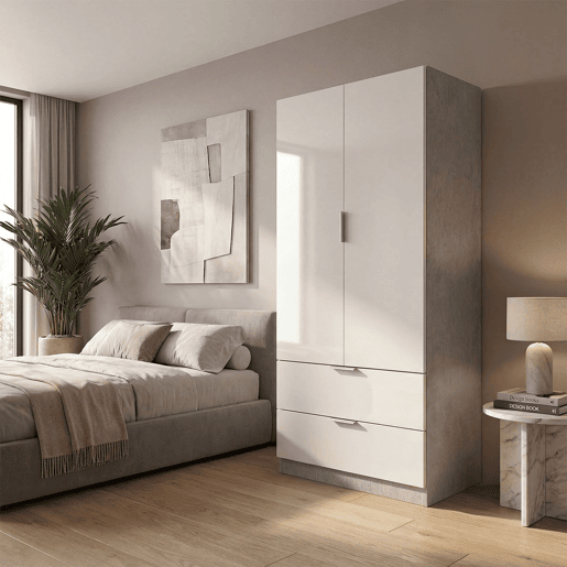 Armário com 2 portas e 2 gavetas, 81,5 x 180 cm, Lark Cinzento cimento - Branco mate 81,5 x 180 x 52 cm Armário com 2 portas e 2 gavetas, 81,5 x 180 cm, Lark Cinzento cimento - Branco mate 81,5 x 180 x 52 cm
