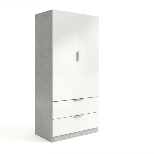Armário com 2 portas e 2 gavetas, 81,5 x 180 cm, Lark Cinzento cimento - Branco mate 81,5 x 180 x 52 cm Armário com 2 portas e 2 gavetas, 81,5 x 180 cm, Lark Cinzento cimento - Branco mate 81,5 x 180 x 52 cm