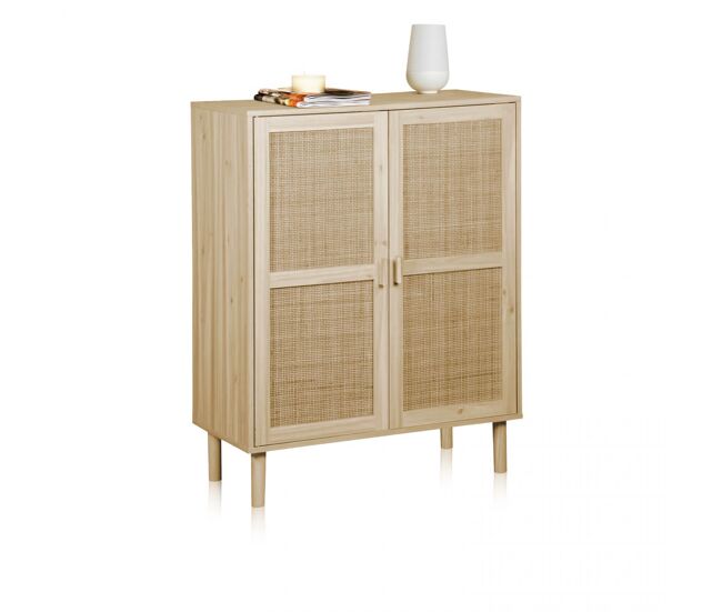 Armario bajo de 2 puertas en pino y ratán 80x110 cm made pino - rattan 80 x 110 x 40 cm