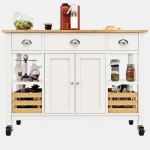 Ilha de cozinha moderna 120×45×90 cm - Móvel de cozinha, carrinho de sala de jantar multifuncional, com cesto de armazenamento em pinho - Branco