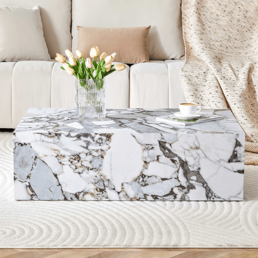 Mesa de centro retangular 90x50x30 cm - textura imitação de mármore, MDF, por montar, estilo nórdico moderno - branco mármore