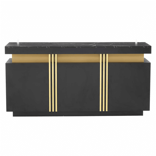 Móvel auxiliar 140x38x70 cm - 3 portas, divisórias ajustáveis, para cozinha, sala, sala de jantar, corredor - Preto e dourado