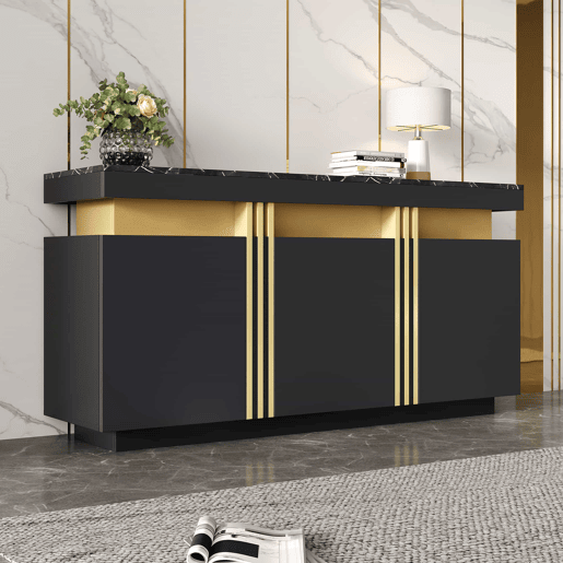 Móvel auxiliar 140x38x70 cm - 3 portas, divisórias ajustáveis, para cozinha, sala, sala de jantar, corredor - Preto e dourado