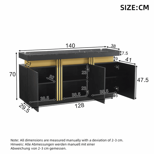 Móvel auxiliar 140x38x70 cm - 3 portas, divisórias ajustáveis, para cozinha, sala, sala de jantar, corredor - Preto e dourado