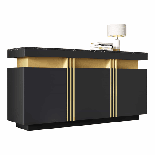Móvel auxiliar 140x38x70 cm - 3 portas, divisórias ajustáveis, para cozinha, sala, sala de jantar, corredor - Preto e dourado