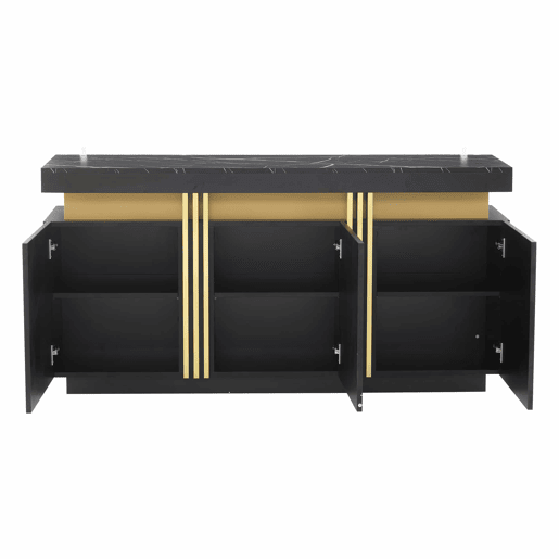 Móvel auxiliar 140x38x70 cm - 3 portas, divisórias ajustáveis, para cozinha, sala, sala de jantar, corredor - Preto e dourado