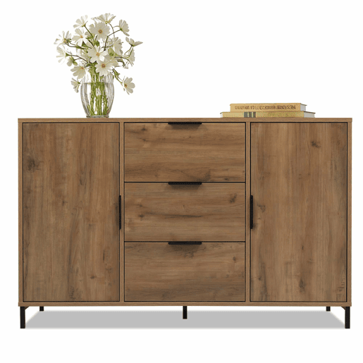 Kommode 120x40x76 cm - 2 portas, 3 gavetas, prateleira ajustável - Carvalho escuro
