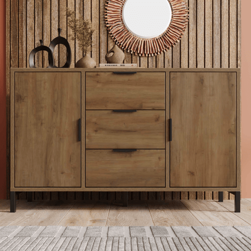 Kommode 120x40x76 cm - 2 portas, 3 gavetas, prateleira ajustável - Carvalho escuro