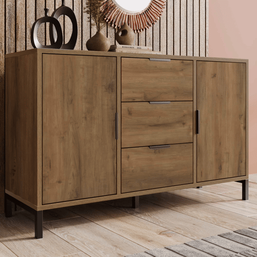 Kommode 120x40x76 cm - 2 portas, 3 gavetas, prateleira ajustável - Carvalho escuro