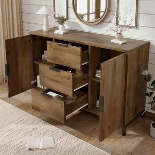 Kommode 120x40x76 cm - 2 portas, 3 gavetas, prateleira ajustável - Carvalho escuro