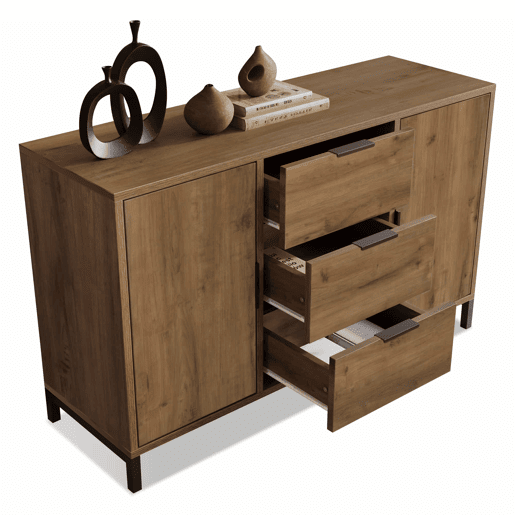 Kommode 120x40x76 cm - 2 portas, 3 gavetas, prateleira ajustável - Carvalho escuro