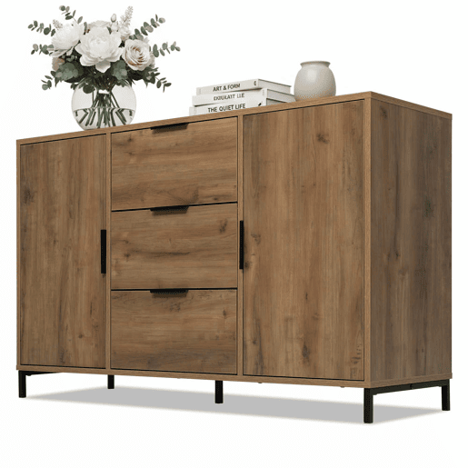 Kommode 120x40x76 cm - 2 portas, 3 gavetas, prateleira ajustável - Carvalho escuro