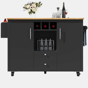 Ilha de cozinha 120x73x92 cm - Armário de cozinha, carrinho de cozinha com bancada rebatível, suporte para toalhas, prateleira para especiarias, prateleira para portas, prateleira para vinho e prateleiras ajustáveis - Preto