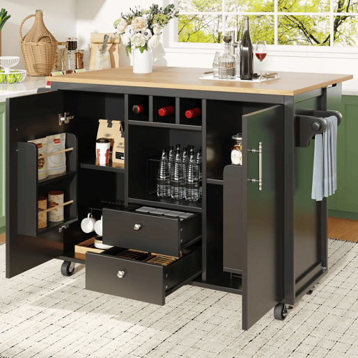 Ilha de cozinha 120x73x92 cm - Armário de cozinha, carrinho de cozinha com bancada rebatível, suporte para toalhas, prateleira para especiarias, prateleira para portas, prateleira para vinho e prateleiras ajustáveis - Preto