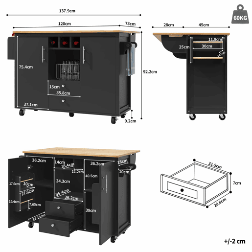 Ilha de cozinha 120x73x92 cm - Armário de cozinha, carrinho de cozinha com bancada rebatível, suporte para toalhas, prateleira para especiarias, prateleira para portas, prateleira para vinho e prateleiras ajustáveis - Preto