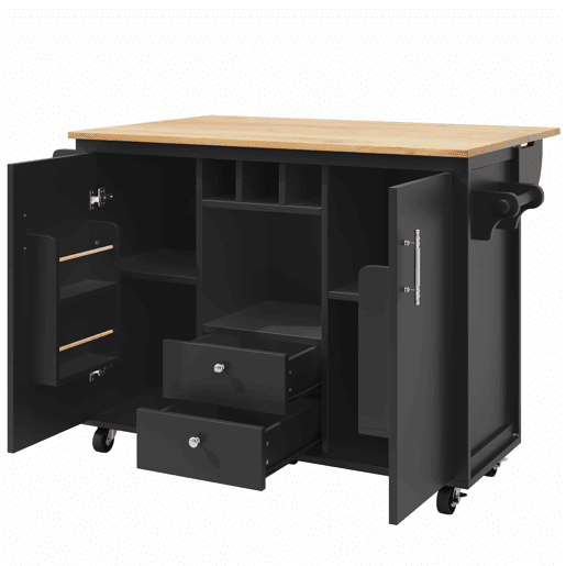 Ilha de cozinha 120x73x92 cm - Armário de cozinha, carrinho de cozinha com bancada rebatível, suporte para toalhas, prateleira para especiarias, prateleira para portas, prateleira para vinho e prateleiras ajustáveis - Preto