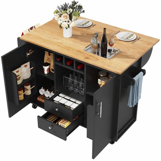 Ilha de cozinha 120x73x92 cm - Armário de cozinha, carrinho de cozinha com bancada rebatível, suporte para toalhas, prateleira para especiarias, prateleira para portas, prateleira para vinho e prateleiras ajustáveis - Preto