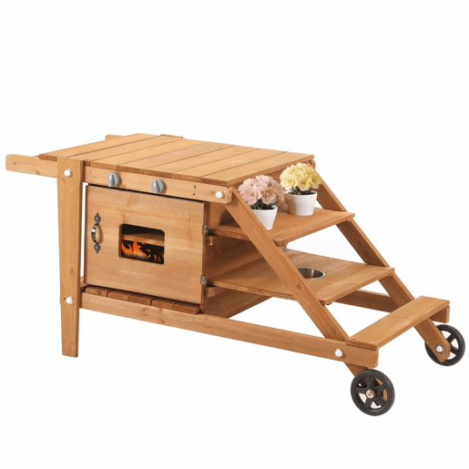 Cozinha infantil de exterior com rodas - cozinha de barro para crianças com acessórios, carrinho de comida em madeira, cozinha de jardim para crianças a partir dos 3 anos - natural