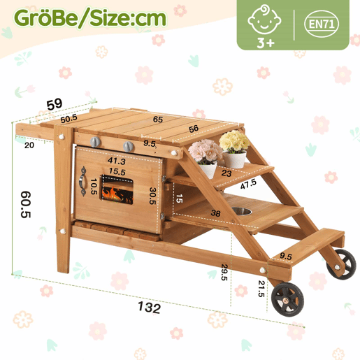Cozinha infantil de exterior com rodas - cozinha de barro para crianças com acessórios, carrinho de comida em madeira, cozinha de jardim para crianças a partir dos 3 anos - natural