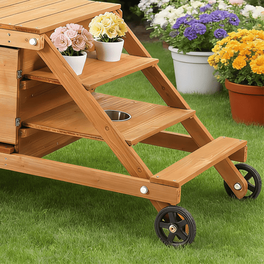 Cozinha infantil de exterior com rodas - cozinha de barro para crianças com acessórios, carrinho de comida em madeira, cozinha de jardim para crianças a partir dos 3 anos - natural