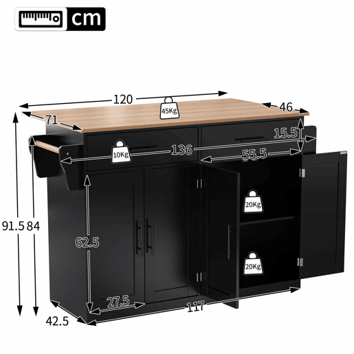 Carrinho de serviço 120x46(70)x91 cm - com mesa dobrável, rodas e pés de madeira intercambiáveis - Preto