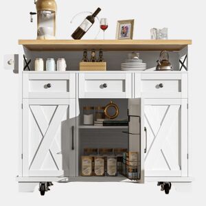 Ilha de cozinha moderna 118×43×98 cm - Móvel de cozinha com acabamento em madeira, carrinho com rodas e armazenamento multifuncional - Branco