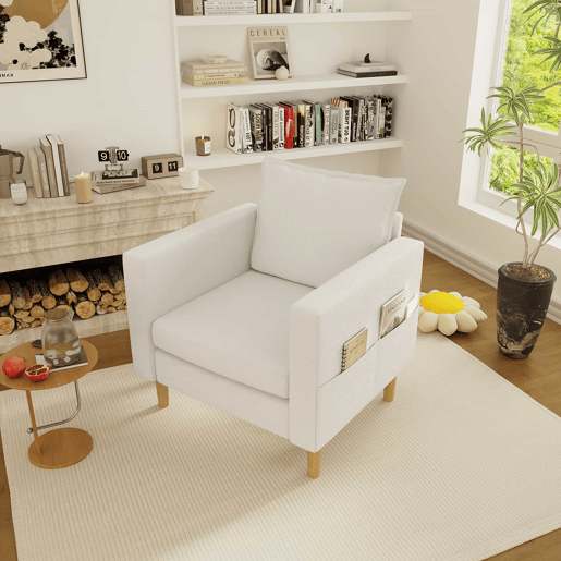 Poltrona de lazer de 1 lugar - com bolso de arrumação e almofada confortável, estilo nórdico para leitura - Bege