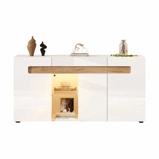 Móvel auxiliar 140x40x70 cm - Móvel de sala com controlo LED e aplicação - Branco com base em vidro Móvel auxiliar 140x40x70 cm - Móvel de sala com controlo LED e aplicação - Branco com base em vidro