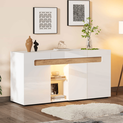Móvel auxiliar 140x40x70 cm - Móvel de sala com controlo LED e aplicação - Branco com base em vidro Móvel auxiliar 140x40x70 cm - Móvel de sala com controlo LED e aplicação - Branco com base em vidro