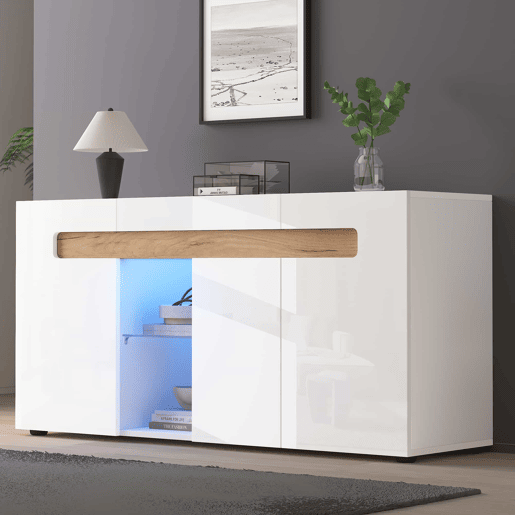 Móvel auxiliar 140x40x70 cm - Móvel de sala com controlo LED e aplicação - Branco com base em vidro Móvel auxiliar 140x40x70 cm - Móvel de sala com controlo LED e aplicação - Branco com base em vidro