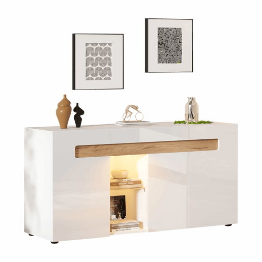 Móvel auxiliar 140x40x70 cm - Móvel de sala com controlo LED e aplicação - Branco com base em vidro Móvel auxiliar 140x40x70 cm - Móvel de sala com controlo LED e aplicação - Branco com base em vidro