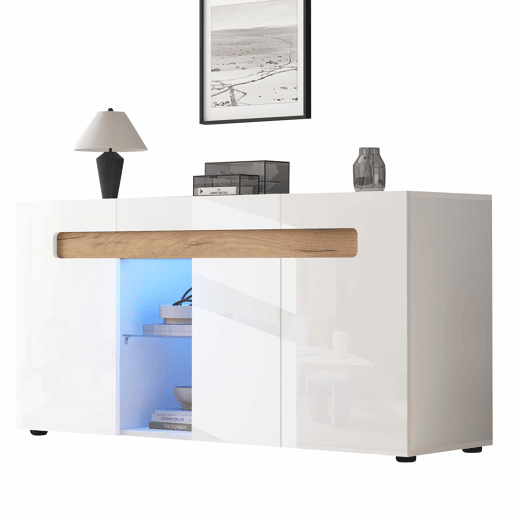 Móvel auxiliar 140x40x70 cm - Móvel de sala com controlo LED e aplicação - Branco com base em vidro Móvel auxiliar 140x40x70 cm - Móvel de sala com controlo LED e aplicação - Branco com base em vidro