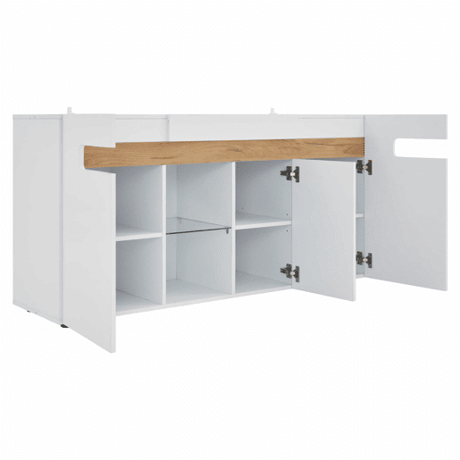Móvel auxiliar 140x40x70 cm - Móvel de sala com controlo LED e aplicação - Branco com base em vidro Móvel auxiliar 140x40x70 cm - Móvel de sala com controlo LED e aplicação - Branco com base em vidro