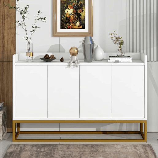 Aparador com 4 portas sem puxadores - estilo contemporâneo - madeira + metal - branco