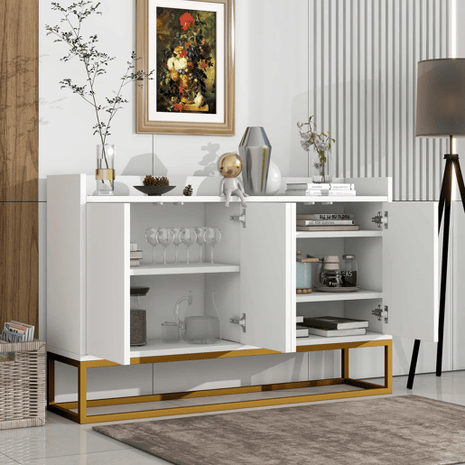 Aparador com 4 portas sem puxadores - estilo contemporâneo - madeira + metal - branco