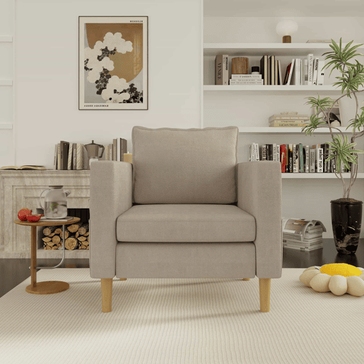 Poltrona de lazer de 1 lugar - com bolso de arrumação e almofada confortável, estilo nórdico para recantos de leitura - cor cáqui