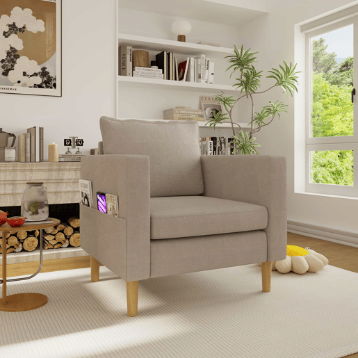 Poltrona de lazer de 1 lugar - com bolso de arrumação e almofada confortável, estilo nórdico para recantos de leitura - cor cáqui