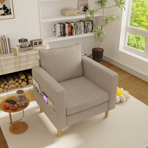 Poltrona de lazer de 1 lugar - com bolso de arrumação e almofada confortável, estilo nórdico para recantos de leitura - cor cáqui