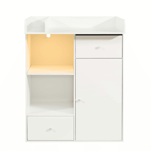 Cómoda com trocador para bebé - LED com regulação de cor e intensidade, 2 gavetas, amplo espaço de arrumação, trocador com divisórias - branco
