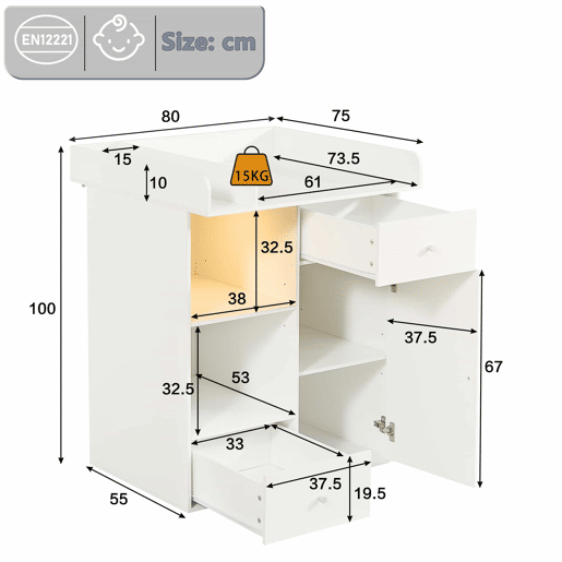 Cómoda com trocador para bebé - LED com regulação de cor e intensidade, 2 gavetas, amplo espaço de arrumação, trocador com divisórias - branco