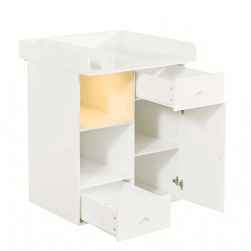 Cómoda com trocador para bebé - LED com regulação de cor e intensidade, 2 gavetas, amplo espaço de arrumação, trocador com divisórias - branco