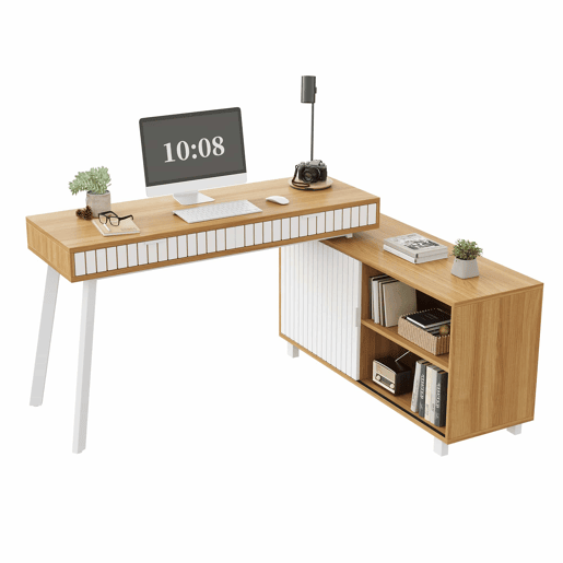 Secretária em L 140 x 120 x 76,5 cm - estilo moderno minimalista, padrão de riscas verticais, pés em aço, 2 gavetas, armário espaçoso - naturalbranco