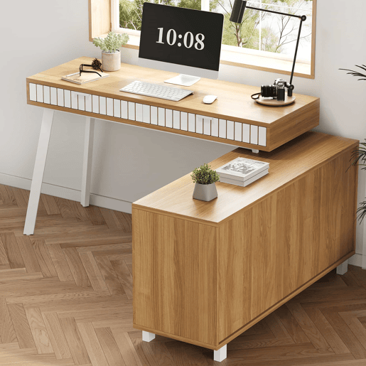 Secretária em L 140 x 120 x 76,5 cm - estilo moderno minimalista, padrão de riscas verticais, pés em aço, 2 gavetas, armário espaçoso - naturalbranco