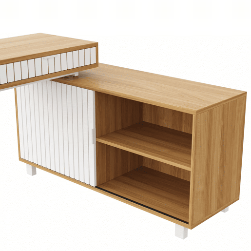 Secretária em L 140 x 120 x 76,5 cm - estilo moderno minimalista, padrão de riscas verticais, pés em aço, 2 gavetas, armário espaçoso - naturalbranco