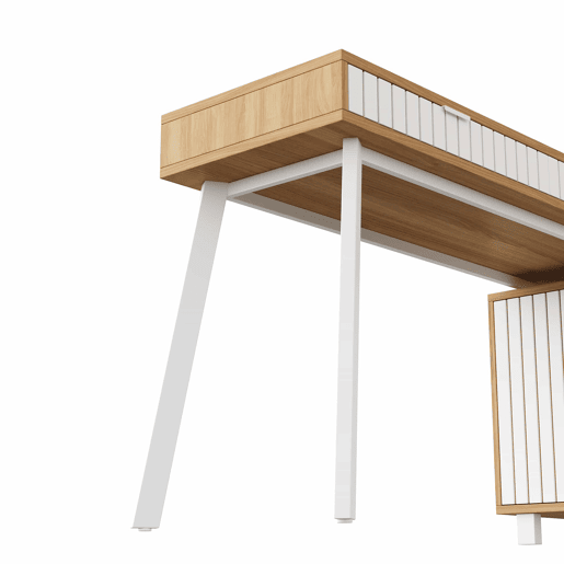 Secretária em L 140 x 120 x 76,5 cm - estilo moderno minimalista, padrão de riscas verticais, pés em aço, 2 gavetas, armário espaçoso - naturalbranco