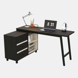 Secretária em L 150 x 100 x 76 cm - três gavetas, duas prateleiras abertas, pés em aço, ampla superfície - preto